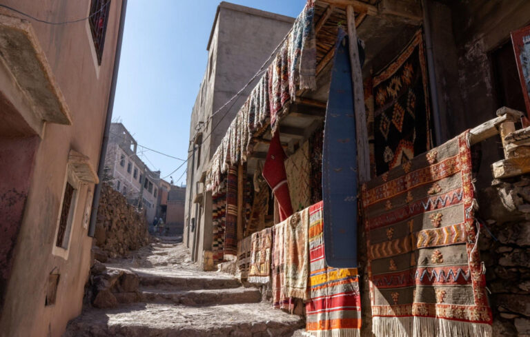 Narrow street and local house at Imlil mountain village at Atlas mountains area Morocco stock photo