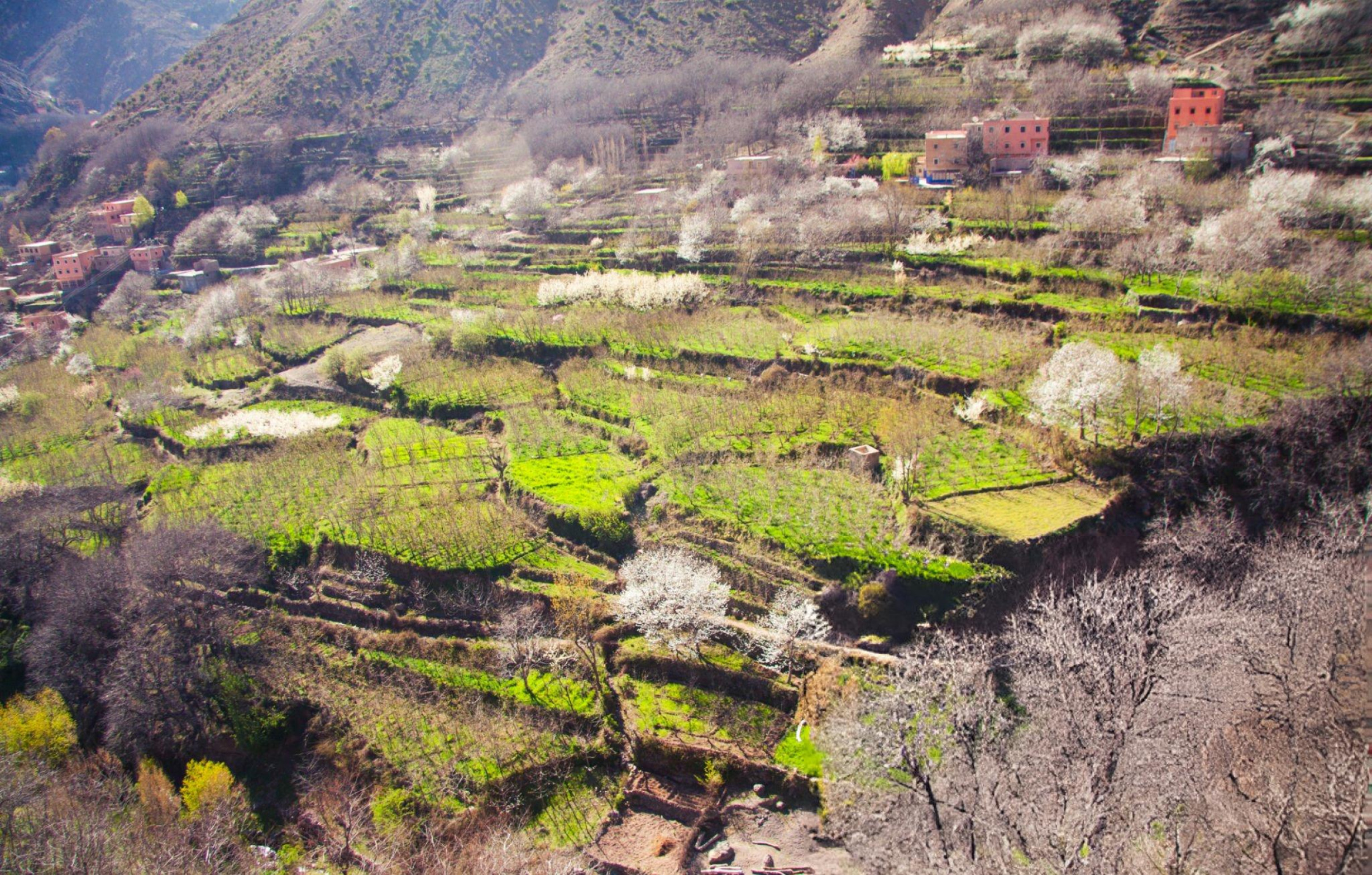 Snow-capped peaks and Berber villages in the Atlas Mountains near Marrakech, Morocco
