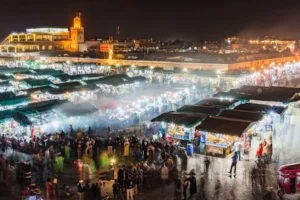 Jemaa el-Fnaa square at night during Private Morocco Tours a 10 day tour in Morocco