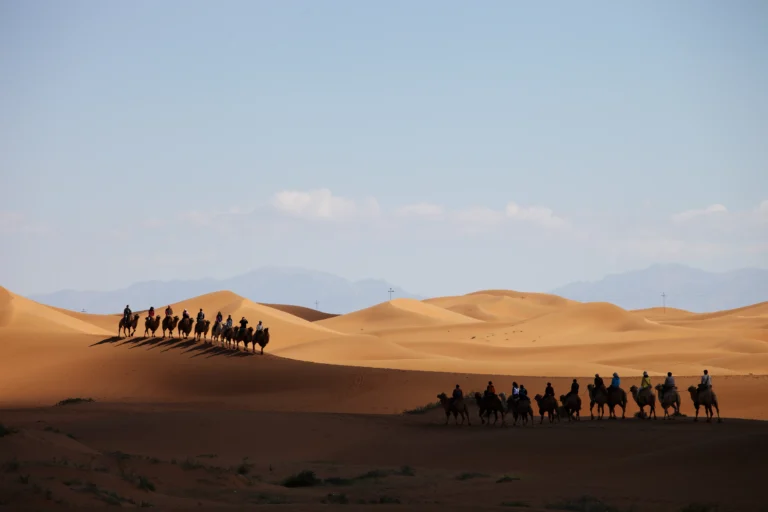 Camel caravan crossing the Sahara during a 10 day tour in Morocco